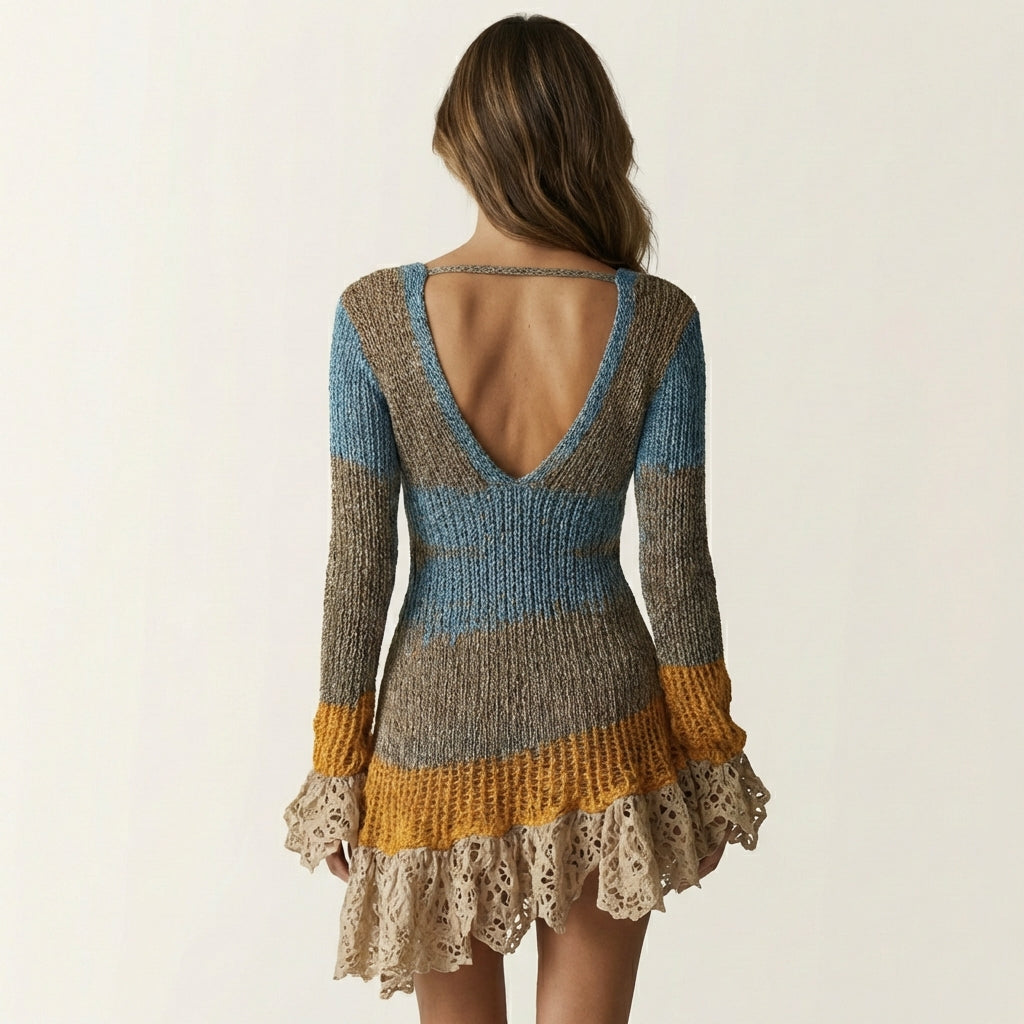Alexia | Multicolor Knit Mini Dress with Lace Ruffle