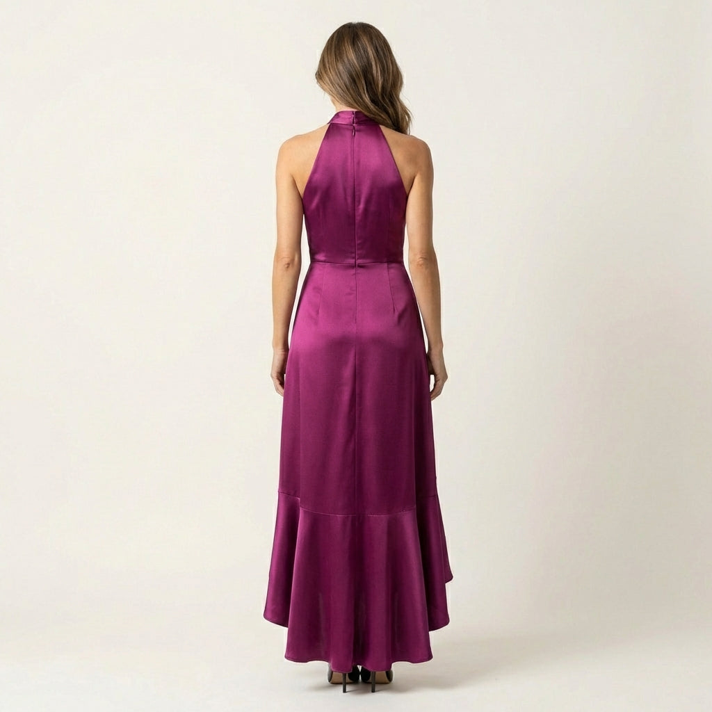 Leona | Midnight Elegance Satin Halter Ruffle Gown