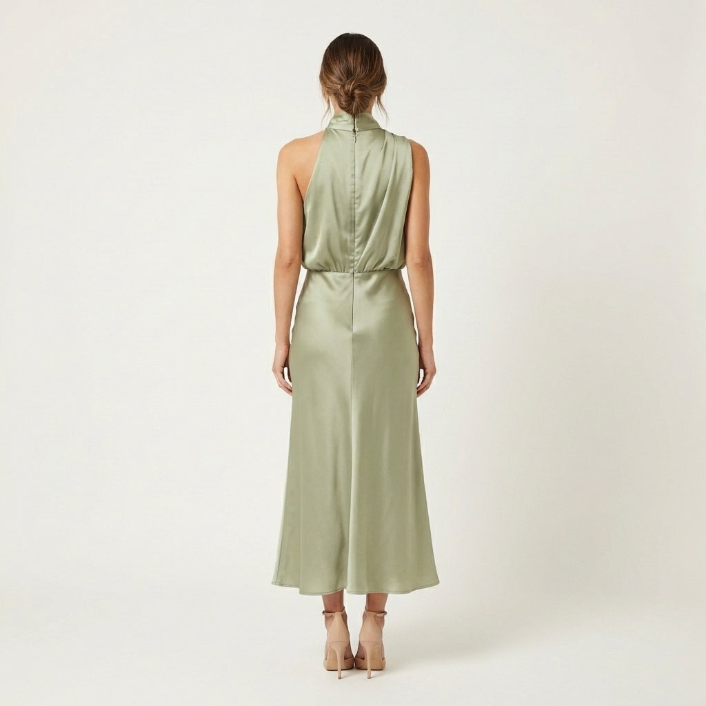Shelly | Draped Halterneck Satin Midi Dress