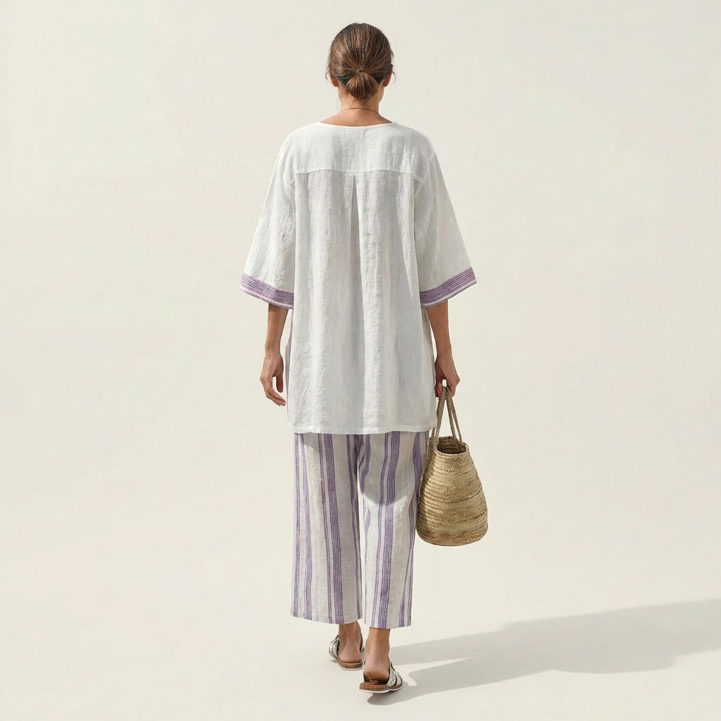 Cassie | White Linen Tunic & Stripe Pant Set