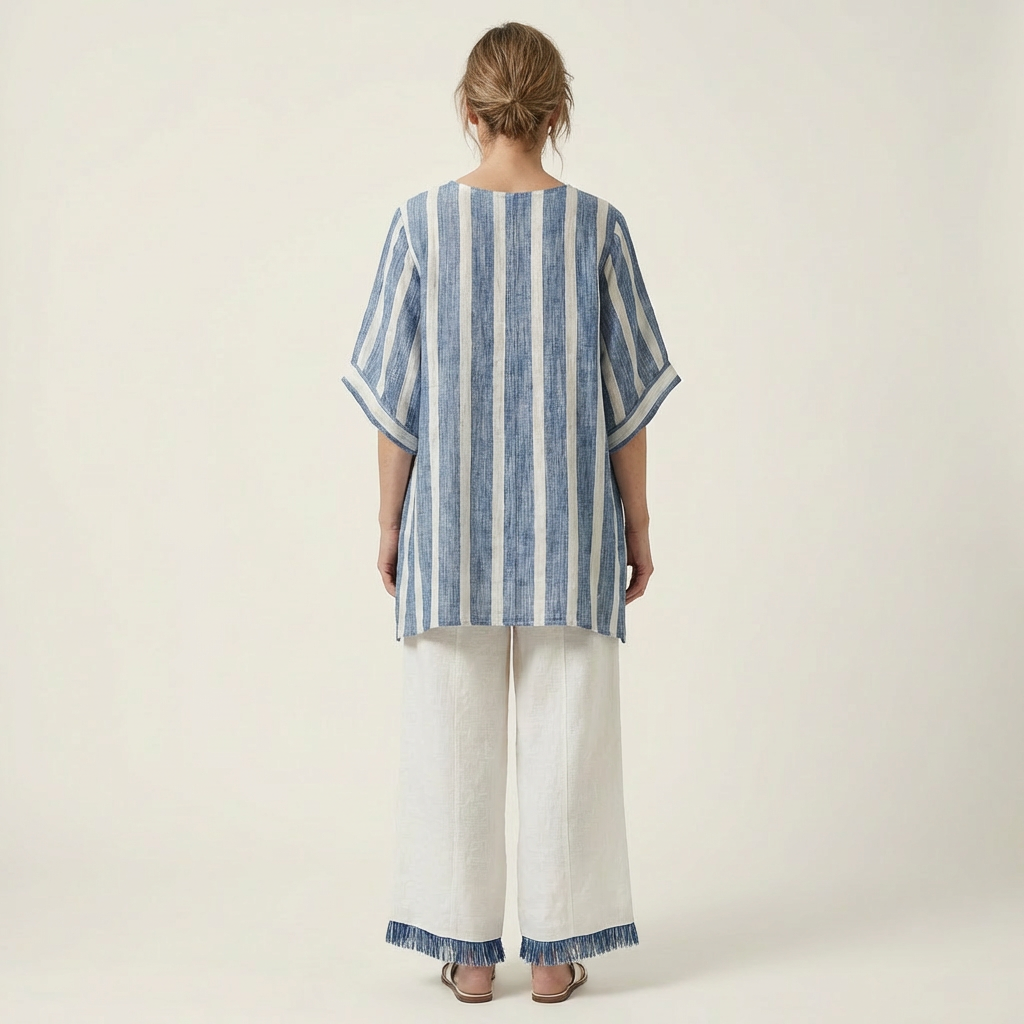Quintessa | Mixed-Direction Stripe Top & Fringe-Hem Linen Set