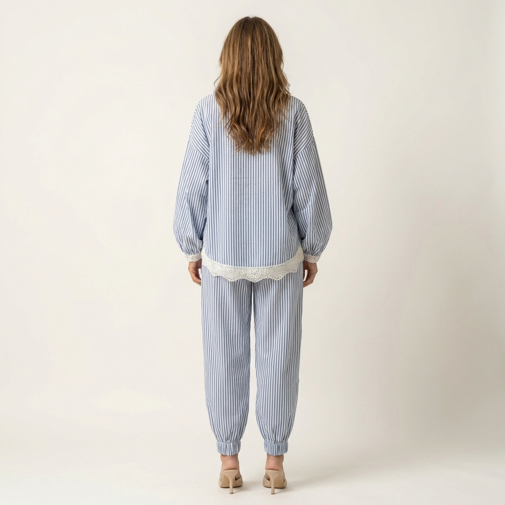 Hanny | Lace-Trim V-Neck Top & Striped Harem Pants Set