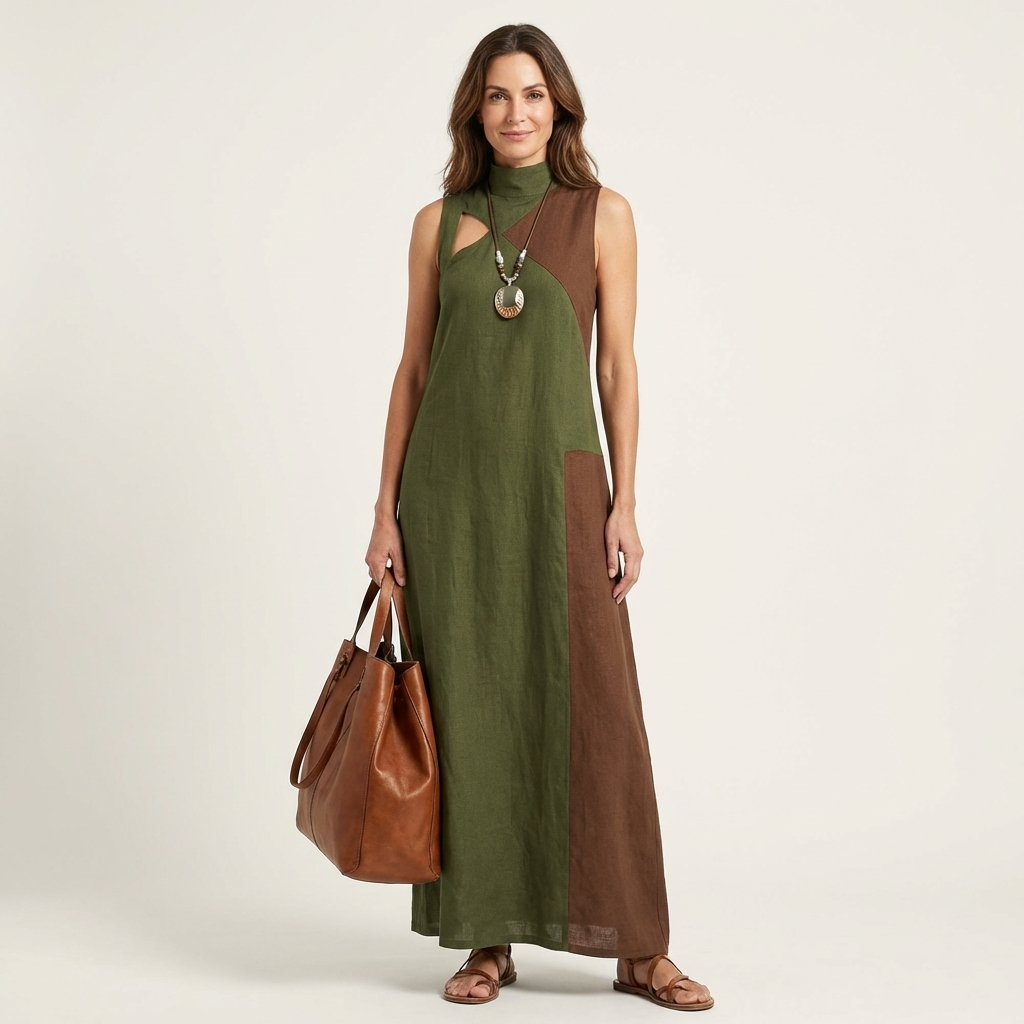 Morella | Color-Block Turtleneck Cut-Out Maxi Dress