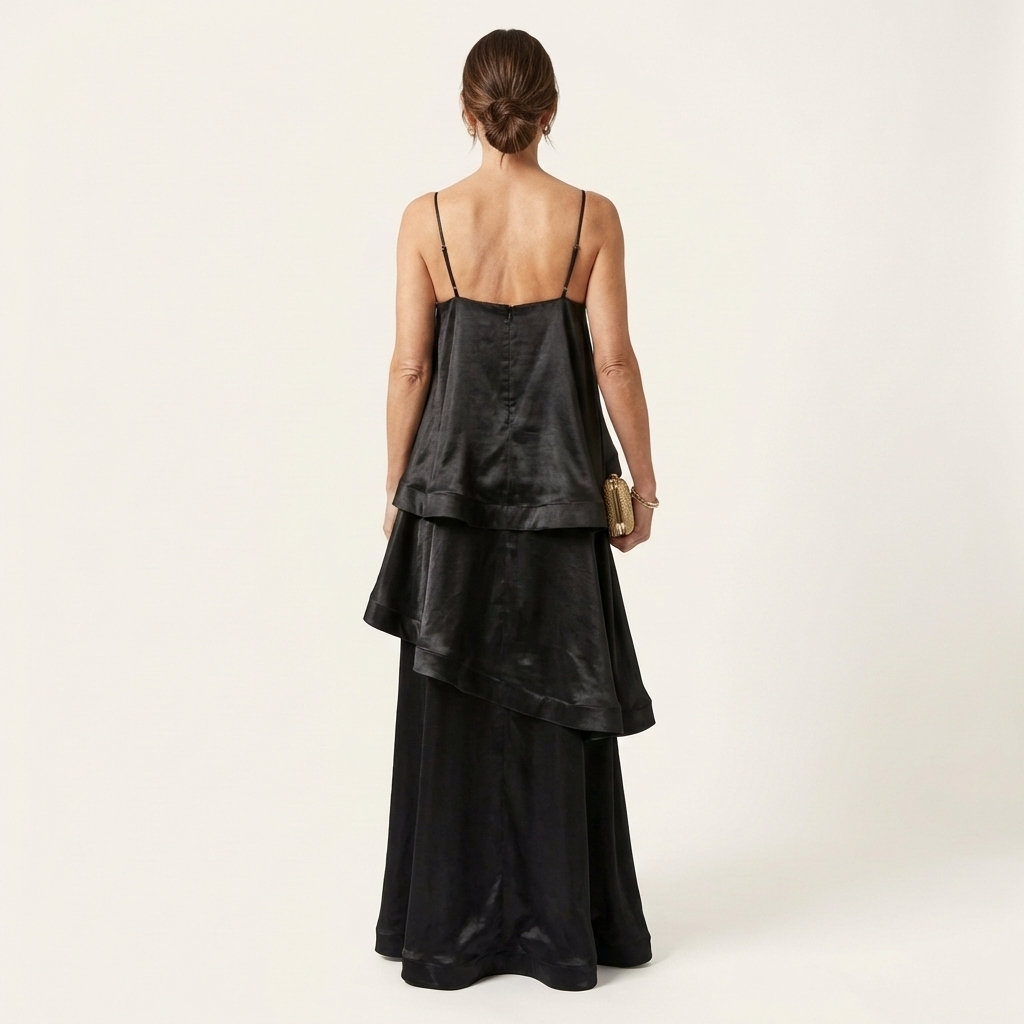 Cienna | Satin Tiered Ruffle Maxi Dress with Spaghetti Straps