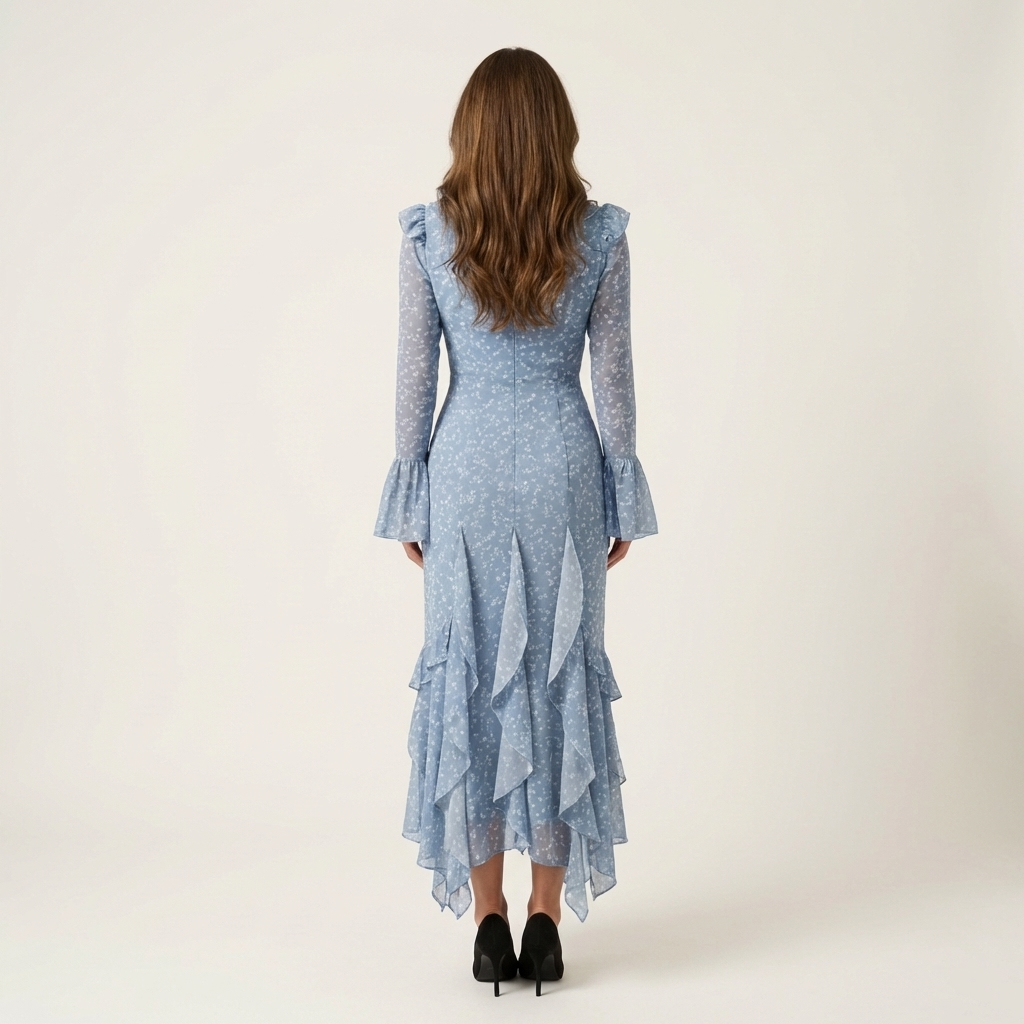 Selly | Floral Print Fitted Midi Dress with Ruffle V-Neck & Trumpet Sleeves