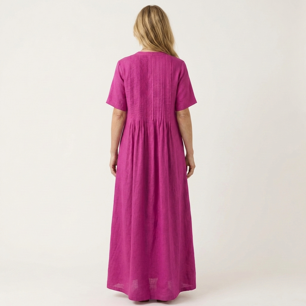 Calea | Pintuck V-Neck Cotton-Linen Maxi Dress with Short Sleeves & Pockets