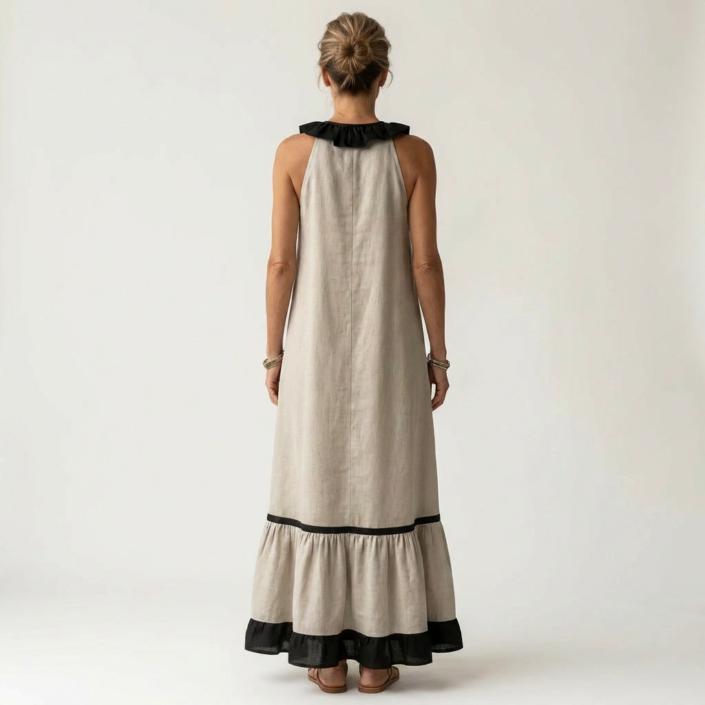 Mayline | Sleeveless Ruffle-Neck Contrast-Trim Maxi Dress