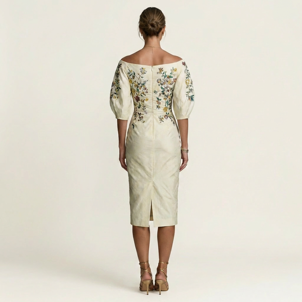Tonya | Off-Shoulder Floral Embroidered Bodycon Midi Dress