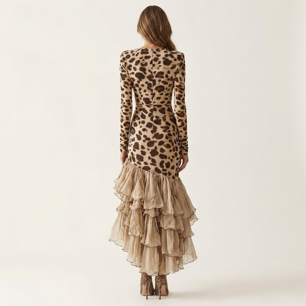 Philina | V-Neck Leopard Print Long-Sleeve Dress with Ruffle Mesh Hem