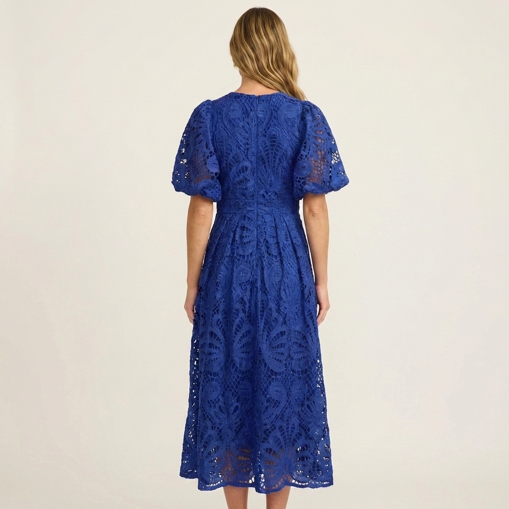 Lenora | Puff-Sleeve Lace Midi Dress with Cinched Waist
