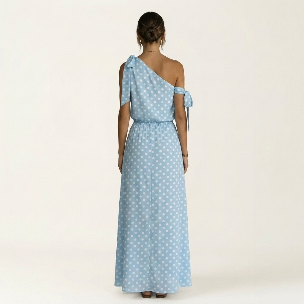 Yolanda | One-Shoulder Tie-Detail Polka Dot Maxi Dress