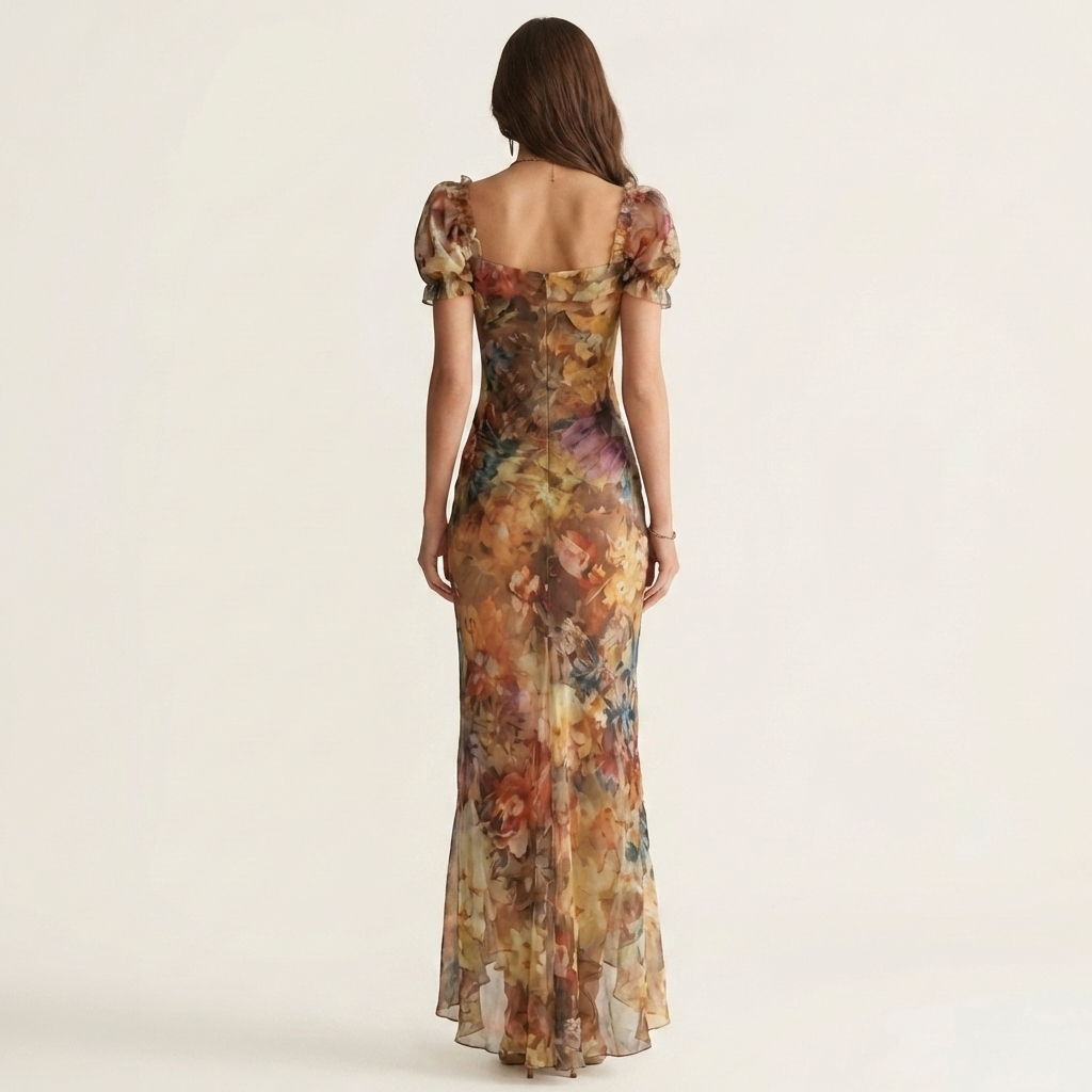 Annybell | Floral Print Ruffle Sweetheart Neck Puff-Sleeve Maxi Dress with Front Slit