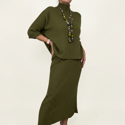 Debra | Ribbed Knit Top & Midi Skirt Set