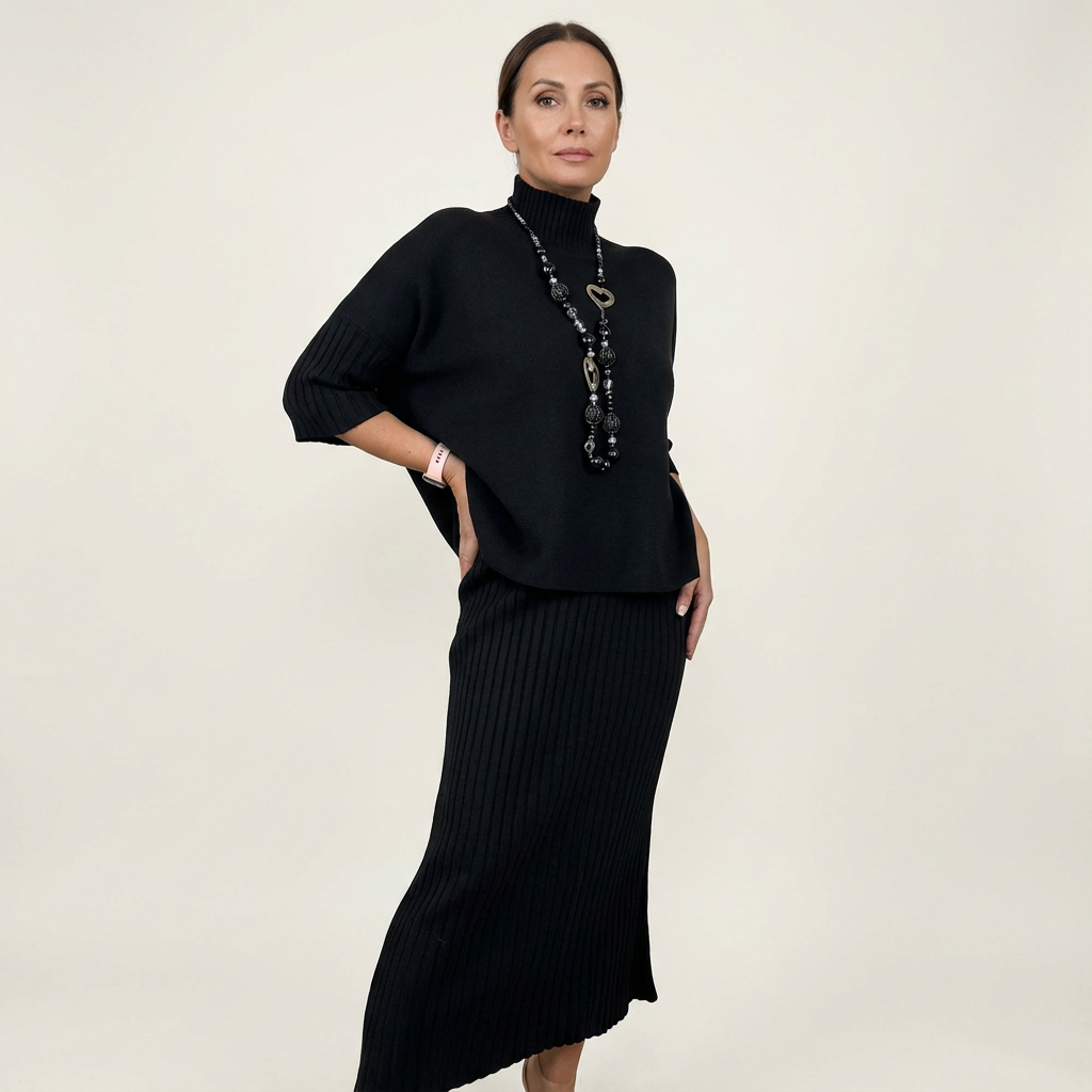 Debra | Ribbed Knit Top & Midi Skirt Set