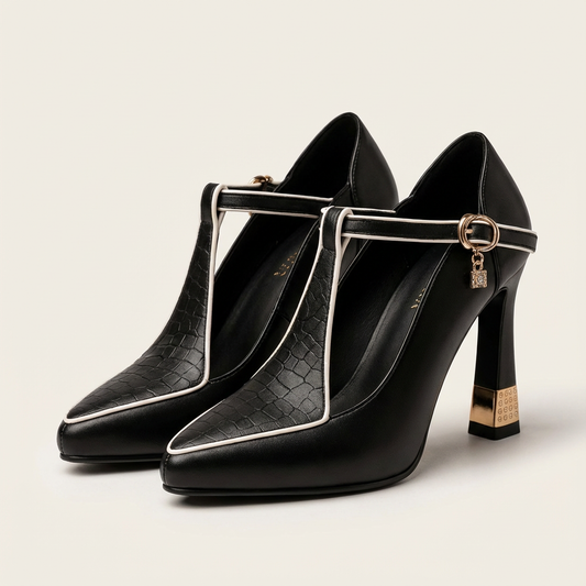 Vivi | Black Croc-Embossed T-Bar Heel