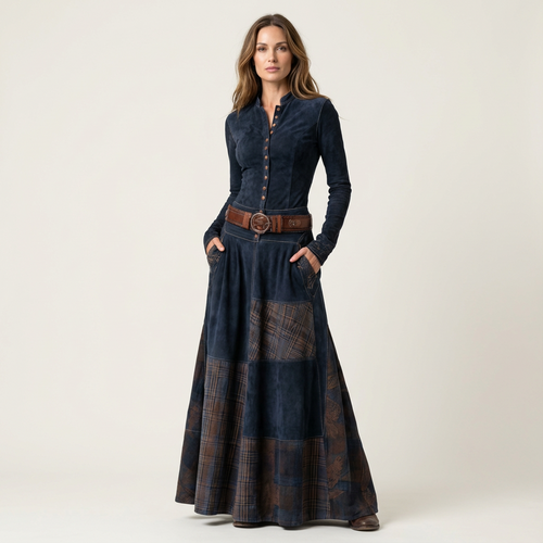 Leonie | Navy Suede-Blend Vintage Maxi Dress