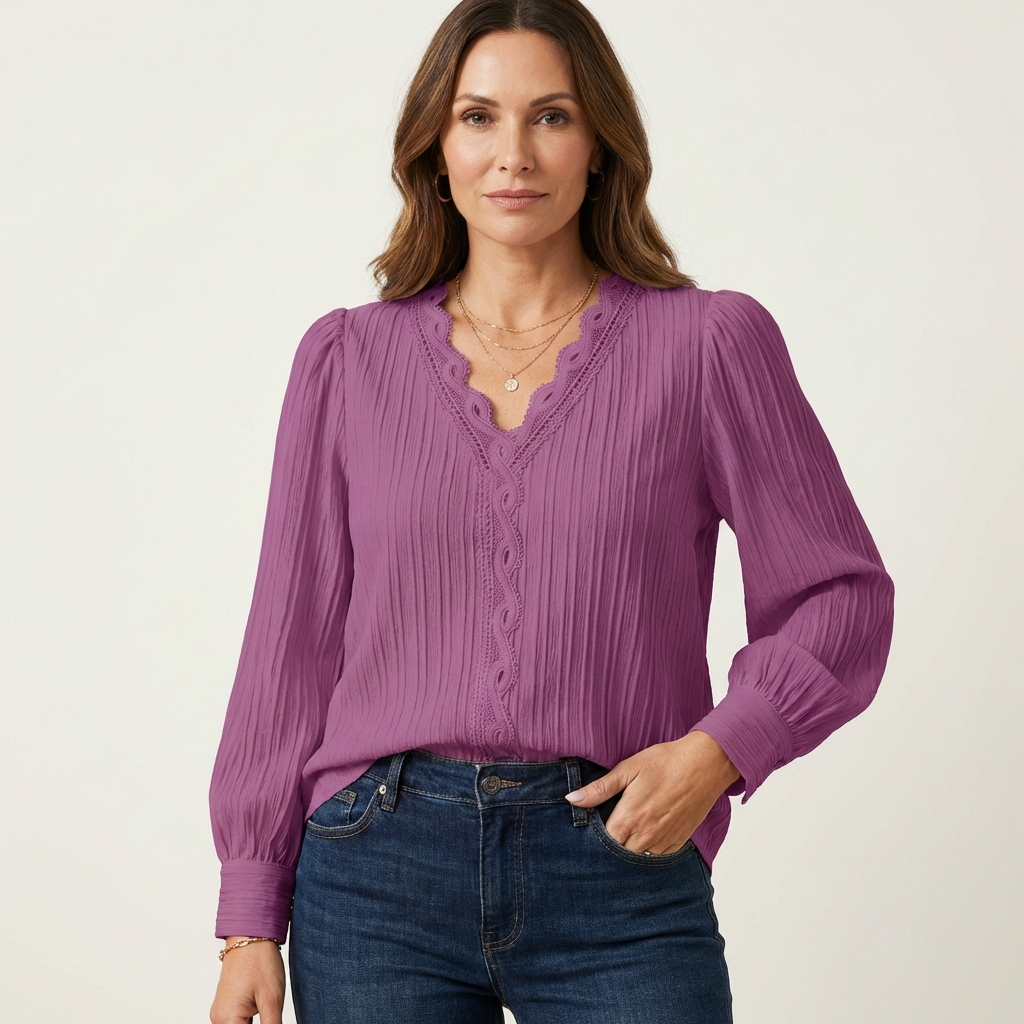 Zoria | Elegant Lace Patchwork Blouse with V-Neck