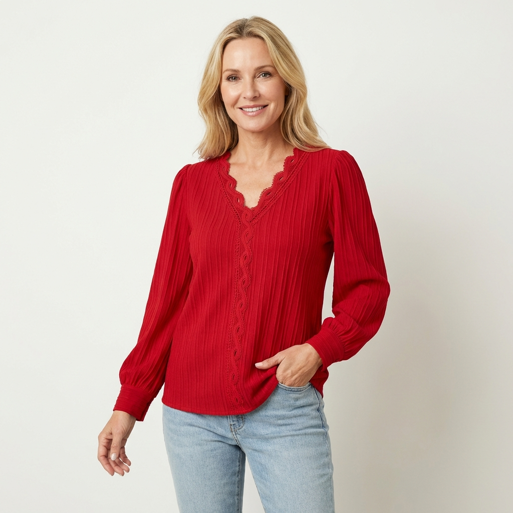 Zoria | Elegant Lace Patchwork Blouse with V-Neck