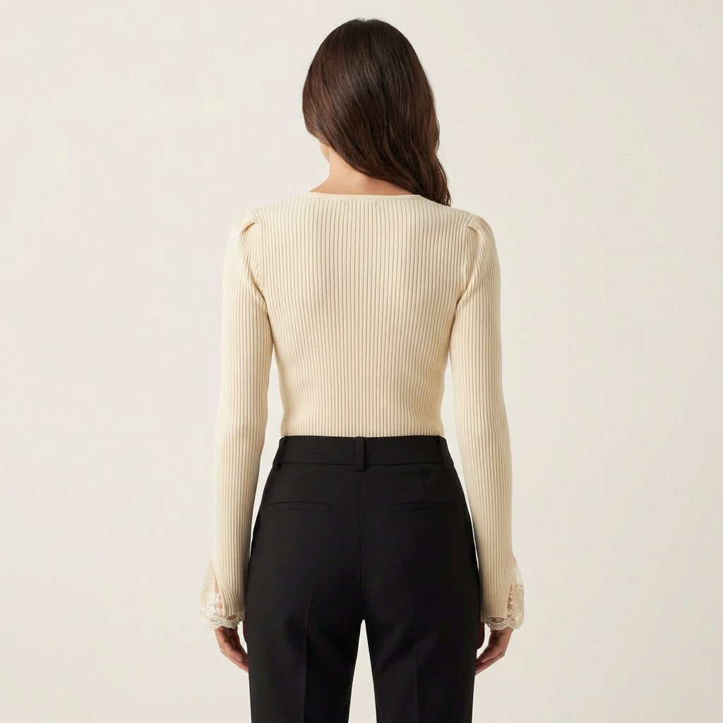 Tamara | Ribbed V-Neck Knit Top with Lace Sleeves