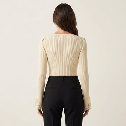 Tamara | Ribbed V-Neck Knit Top with Lace Sleeves