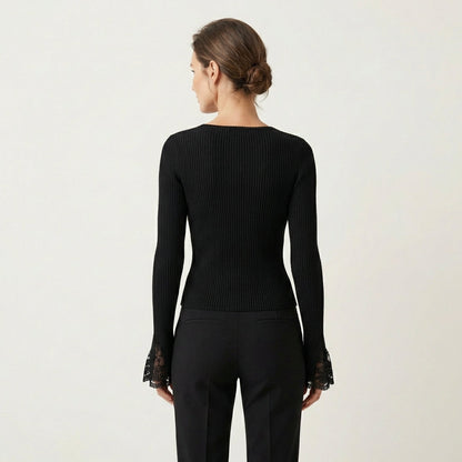 Tamara | Ribbed V-Neck Knit Top with Lace Sleeves