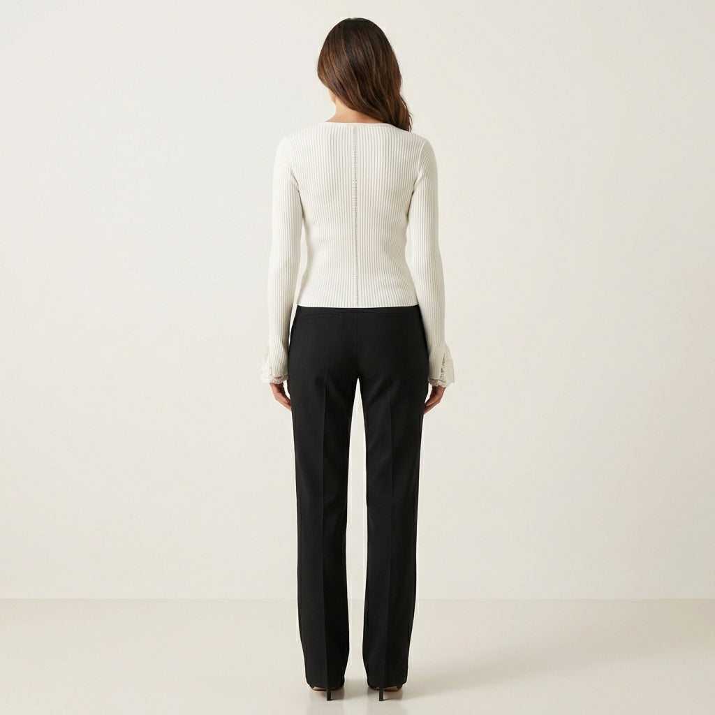 Tamara | Ribbed V-Neck Knit Top with Lace Sleeves