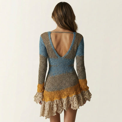 Alexia | Multicolor Knit Mini Dress with Lace Ruffle