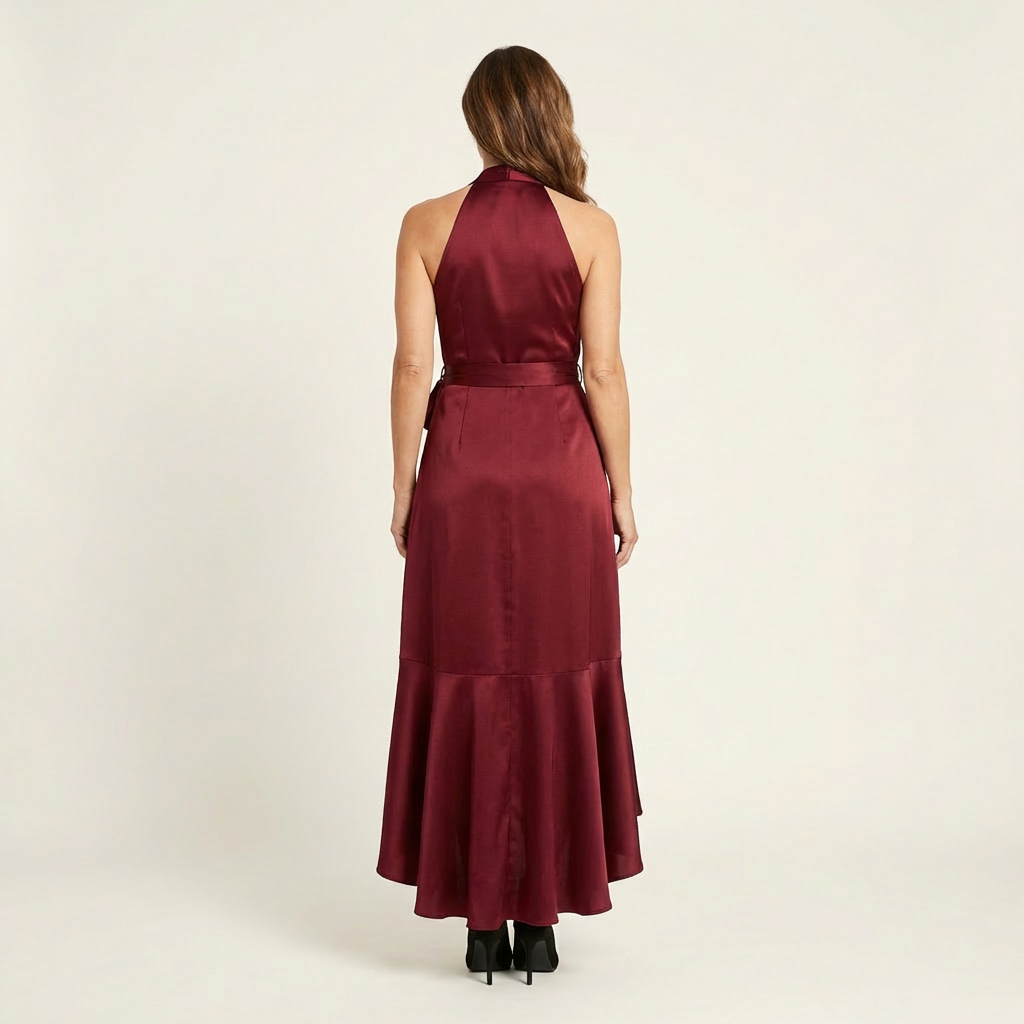Leona | Midnight Elegance Satin Halter Ruffle Gown