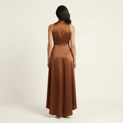 Leona | Midnight Elegance Satin Halter Ruffle Gown