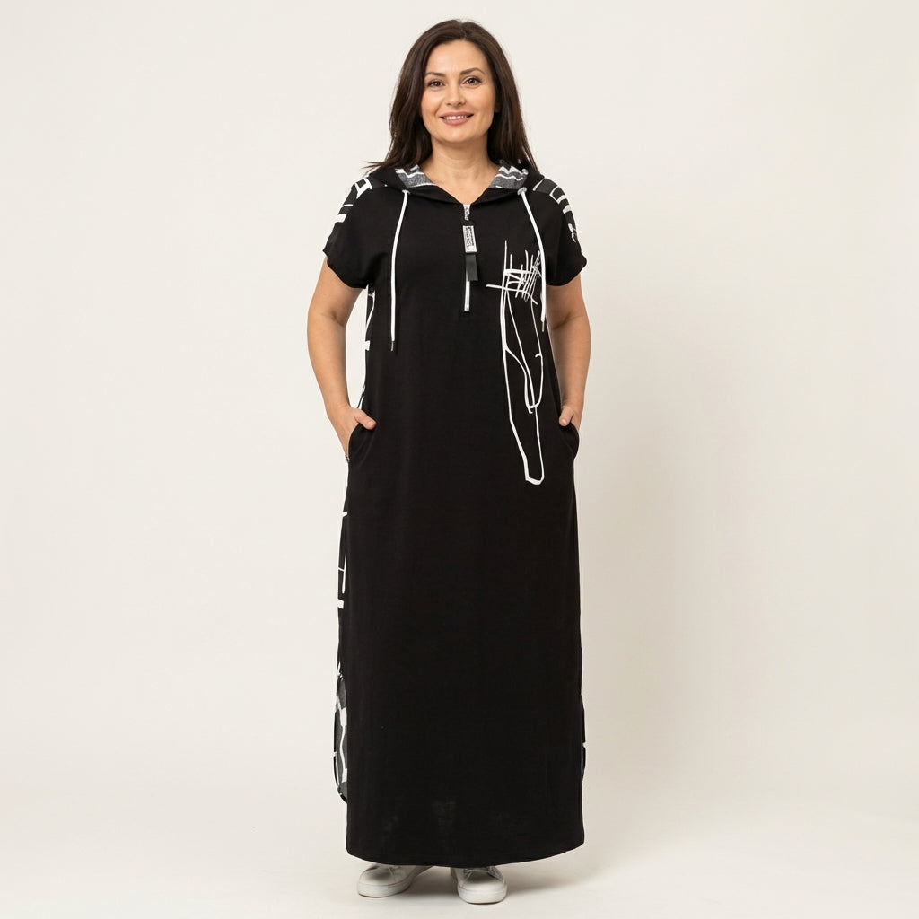 Maybella | Short-Sleeve Hooded Maxi Dress With Quarter-Zip