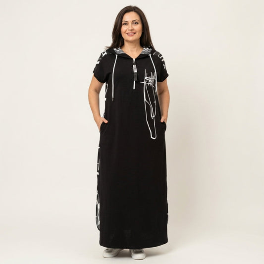 Maybella | Short-Sleeve Hooded Maxi Dress With Quarter-Zip