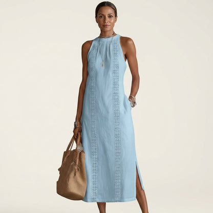 Jimena | Halterneck Linen Midi Dress with Lace Trim