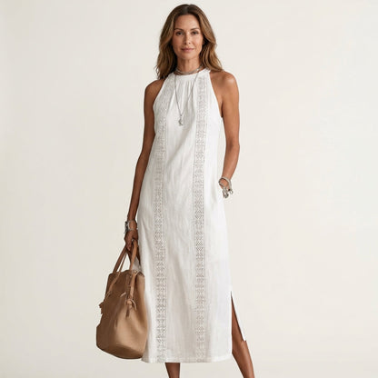 Jimena | Halterneck Linen Midi Dress with Lace Trim