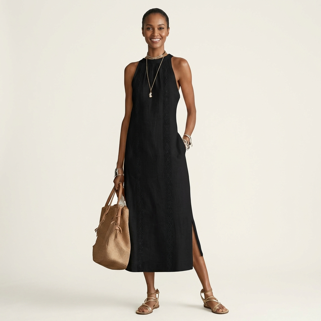 Jimena | Halterneck Linen Midi Dress with Lace Trim