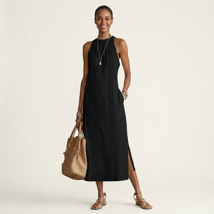 Jimena | Halterneck Linen Midi Dress with Lace Trim