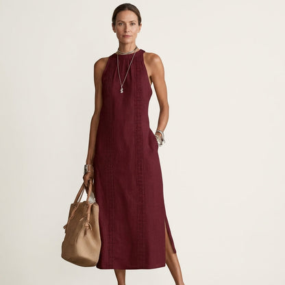 Jimena | Halterneck Linen Midi Dress with Lace Trim