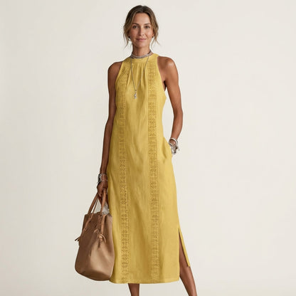 Jimena | Halterneck Linen Midi Dress with Lace Trim