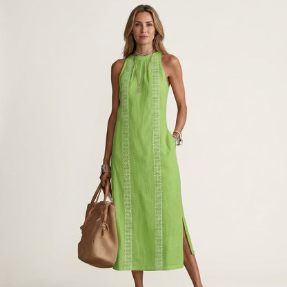 Jimena | Halterneck Linen Midi Dress with Lace Trim