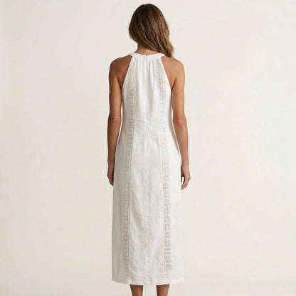 Jimena | Halterneck Linen Midi Dress with Lace Trim