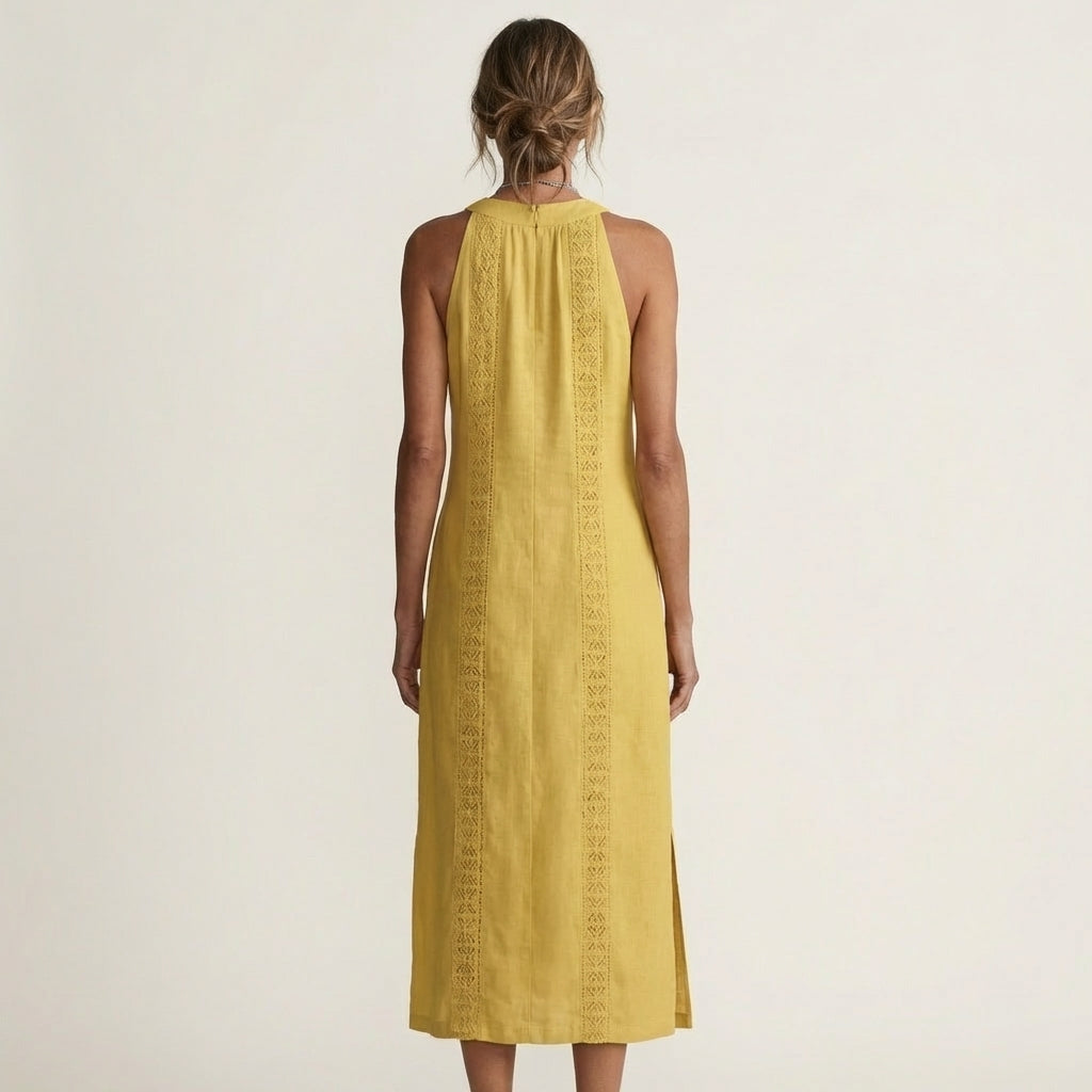 Jimena | Halterneck Linen Midi Dress with Lace Trim