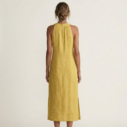 Jimena | Halterneck Linen Midi Dress with Lace Trim
