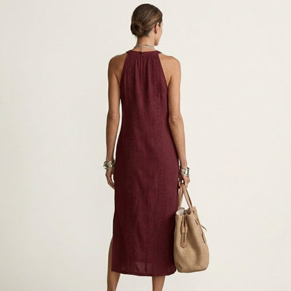 Jimena | Halterneck Linen Midi Dress with Lace Trim