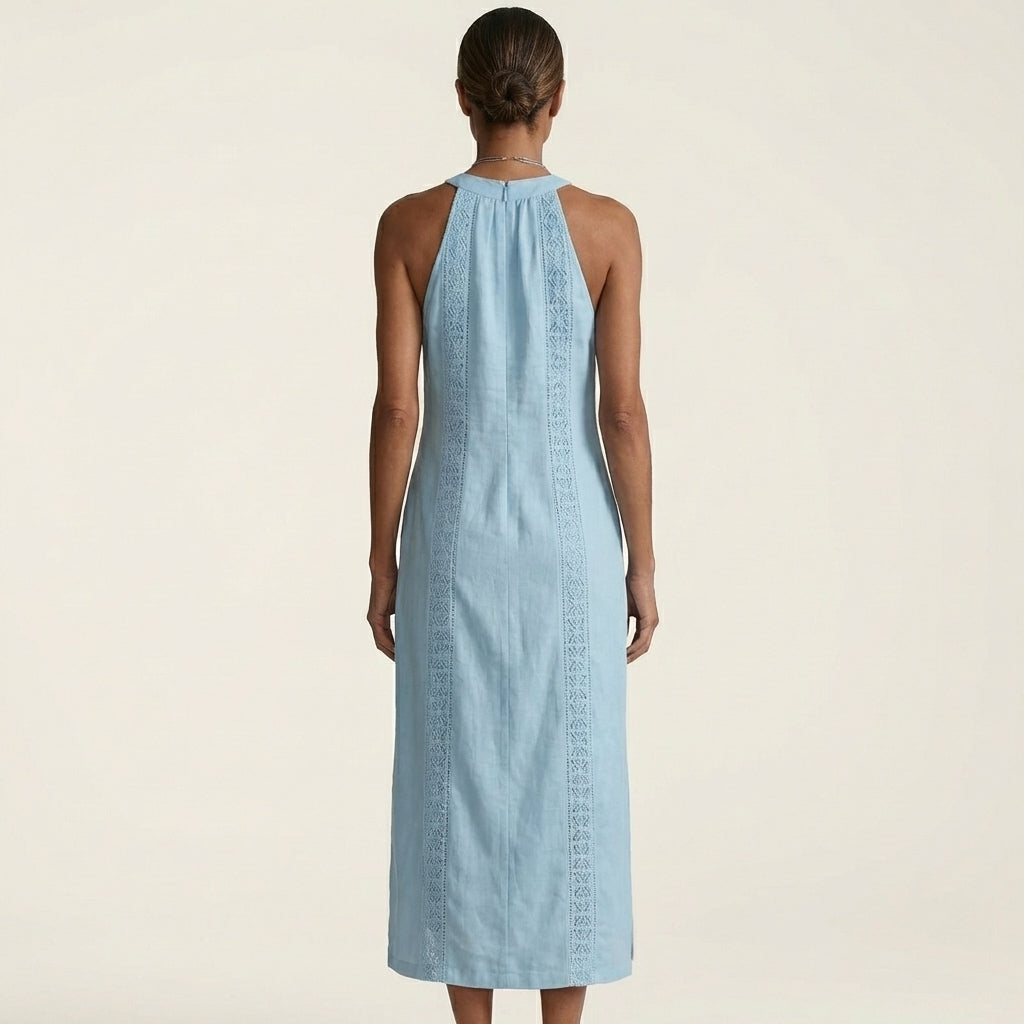Jimena | Halterneck Linen Midi Dress with Lace Trim