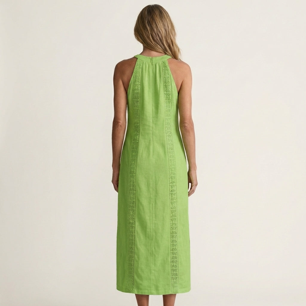 Jimena | Halterneck Linen Midi Dress with Lace Trim