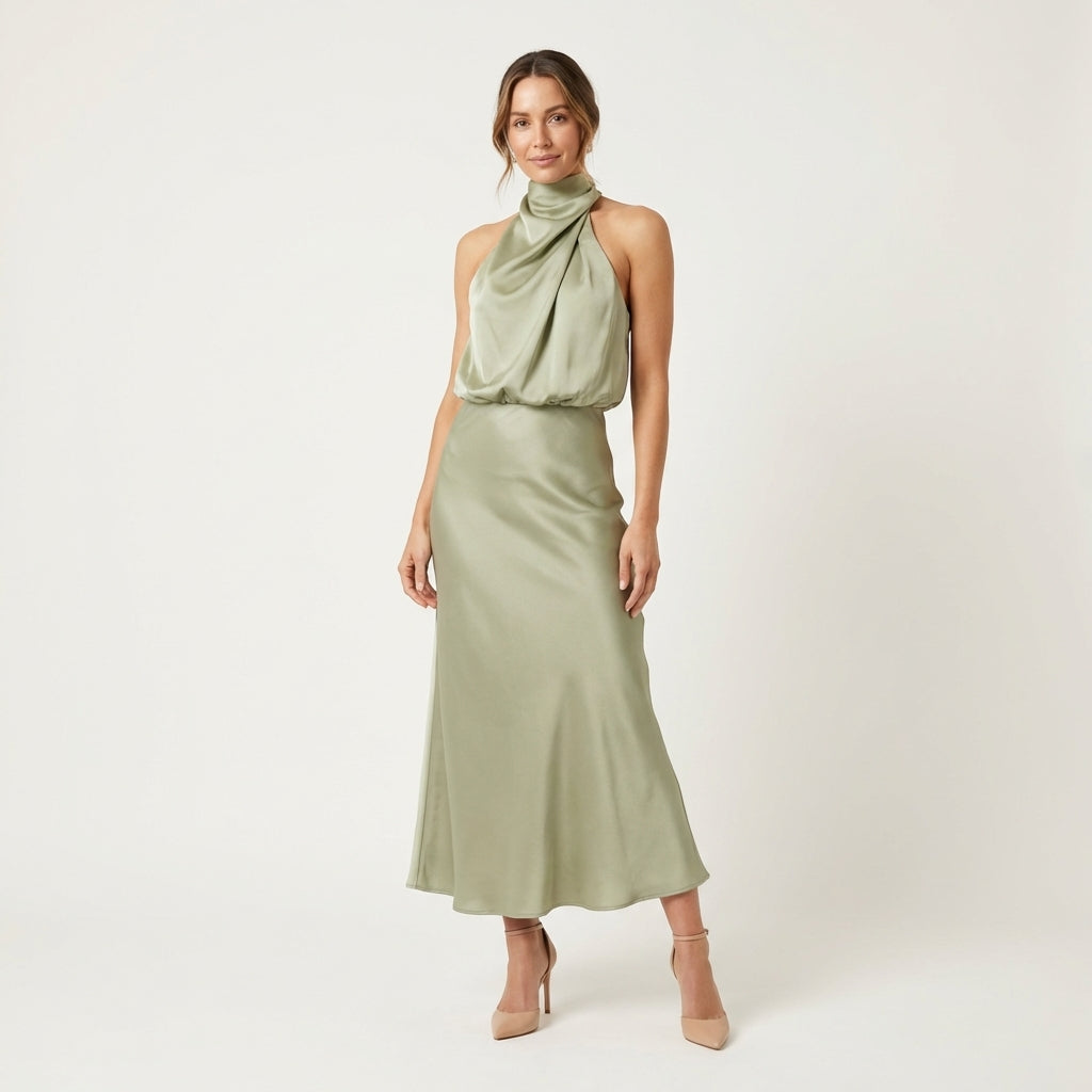 Shelly | Draped Halterneck Satin Midi Dress