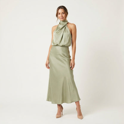 Shelly | Draped Halterneck Satin Midi Dress