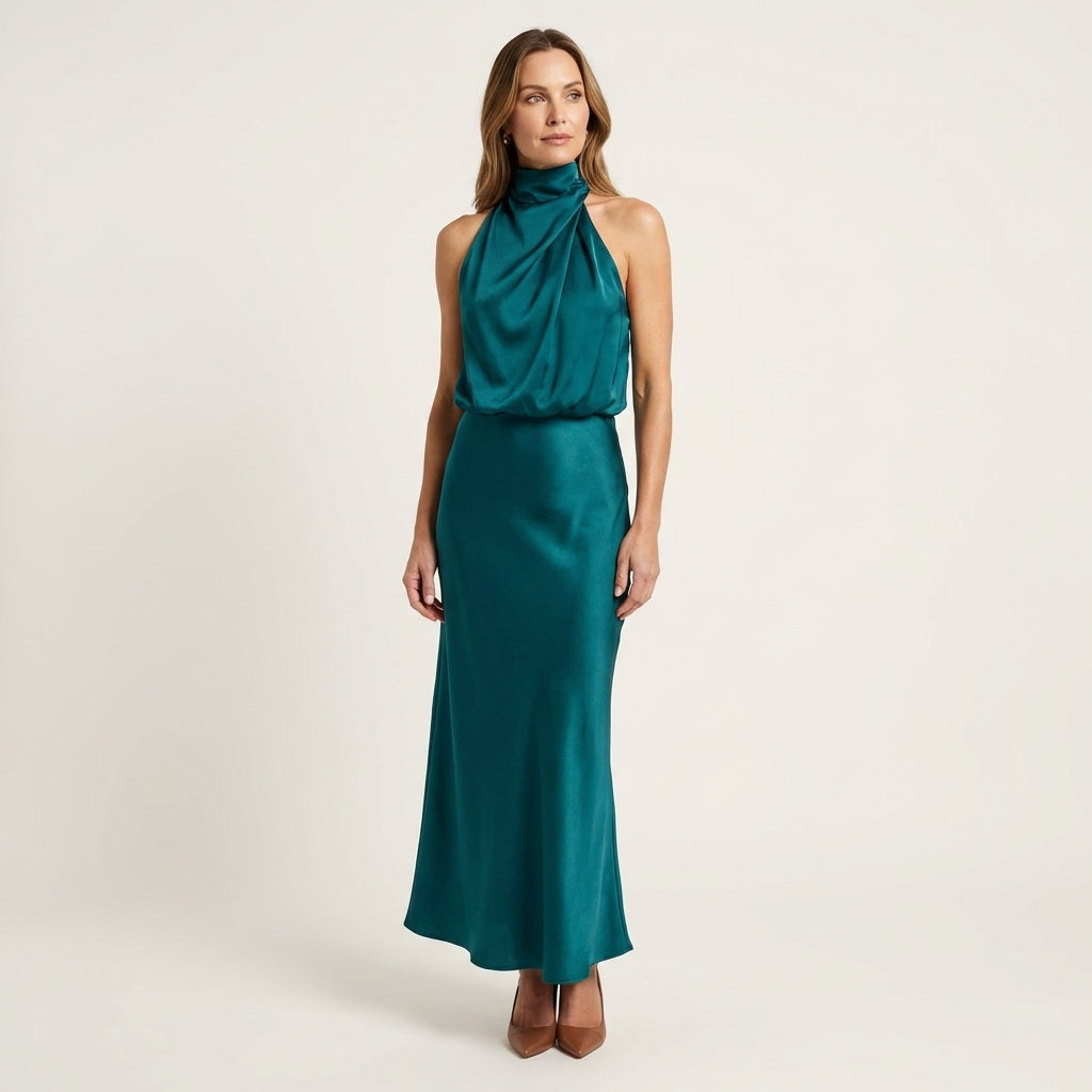 Shelly | Draped Halterneck Satin Midi Dress
