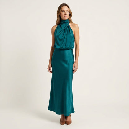 Shelly | Draped Halterneck Satin Midi Dress