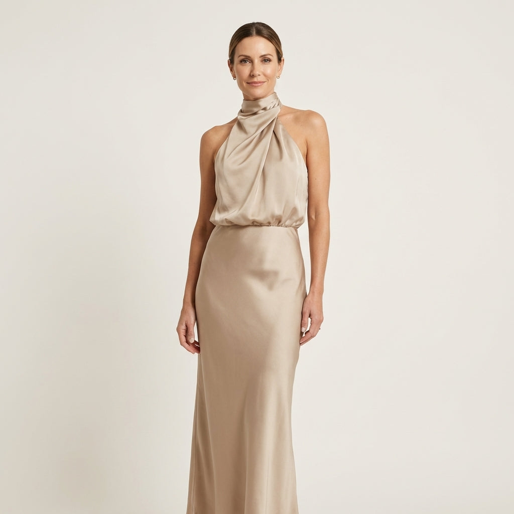 Shelly | Draped Halterneck Satin Midi Dress