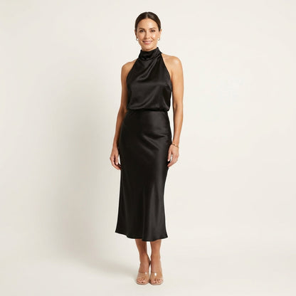 Shelly | Draped Halterneck Satin Midi Dress